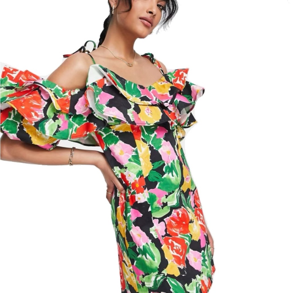Topshop cotton blend bold floral ruffle bardot mini dress in multi